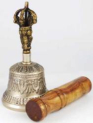 Bronze Tibetan Hand Bell & Puja Stick 5" - Click Image to Close