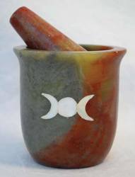 Pearl Inlaid Triple Moon Soapstone mortar & pestle set