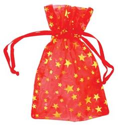 2 3/4" x 3" Red organza pouch with Gold Stars - Click Image to Close